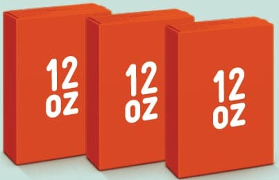 Three orange boxes labeled “12 oz” displayed side by side.