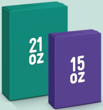 Two boxes, one labeled “21 oz” and another labeled 