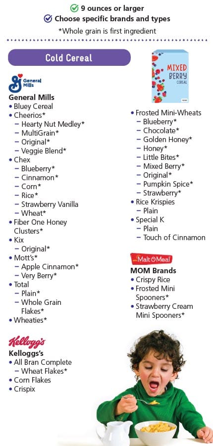 WIC-approved cereal types and restrictions in English