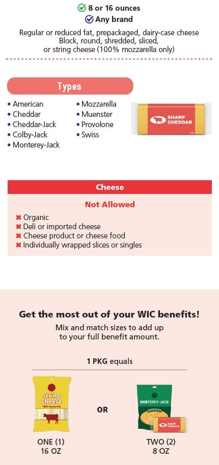 WIC-approved cheese types and restrictions in English