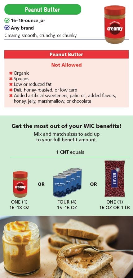 WIC-approved Beans, Peas, Lentils, and Peanut Butter types and restrictions in English
