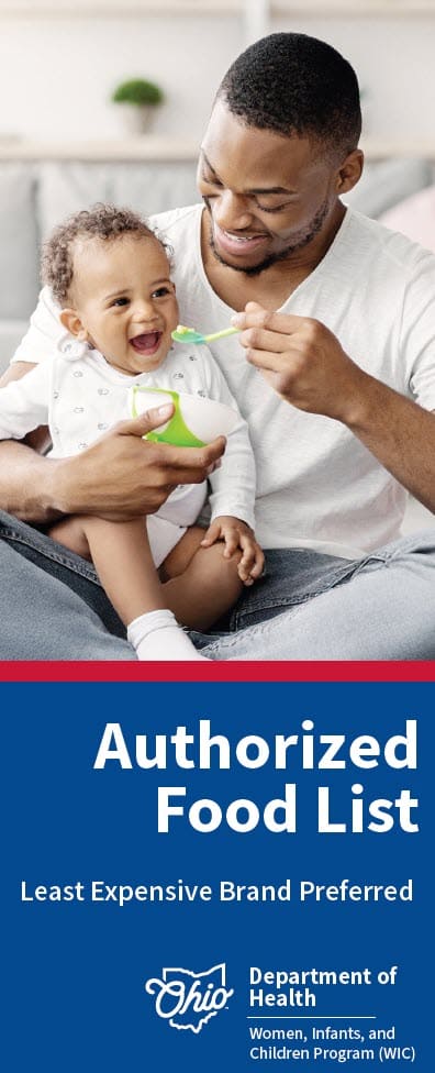 An adult feeding a baby, with WIC program text about the Authorized Food List and least expensive brand preferred.
