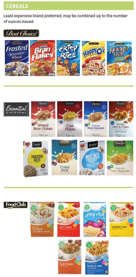 A cereal guidelines chart showing allowed and not allowed cereal products.