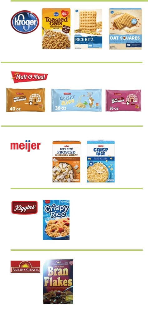 A cereal guidelines chart showing allowed and not allowed cereal products.