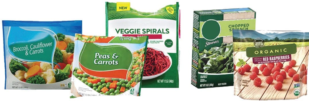 Various types of frozen fruits and vegetables