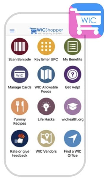 WICShopper app home screen showing icons for scanning, benefits, food lists, recipes, and help.