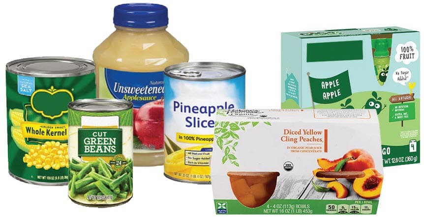 Various types of canned fruits and vegetables