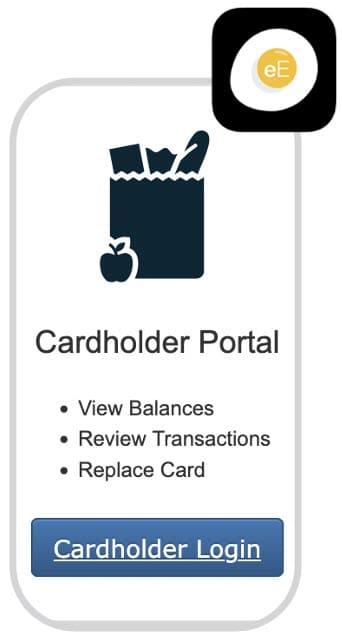 Cardholder Portal screen with options to view balances, review transactions, replace a card, and a login button.