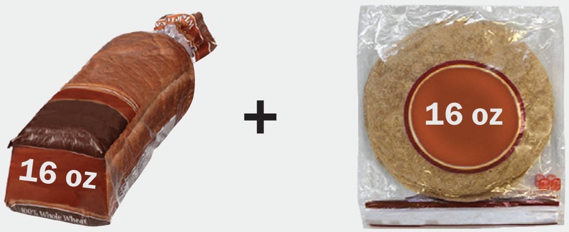 Loaf of bread and a package of totillas equalling to 32 ounces
