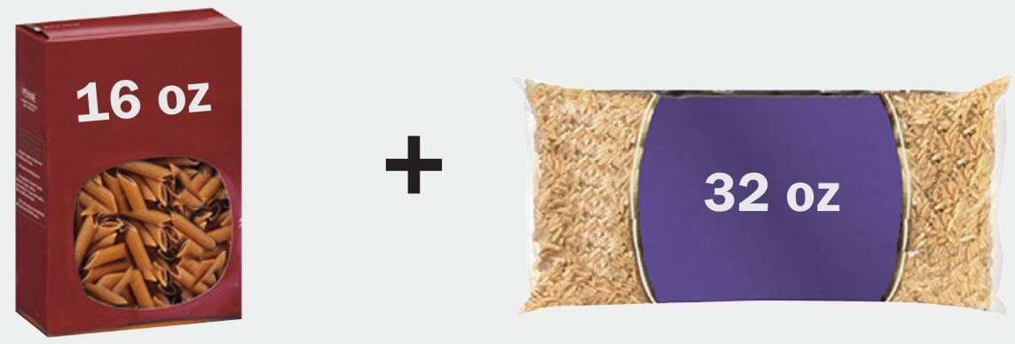 Box of pasta and a bag of quinoa equalling to 48 ounces