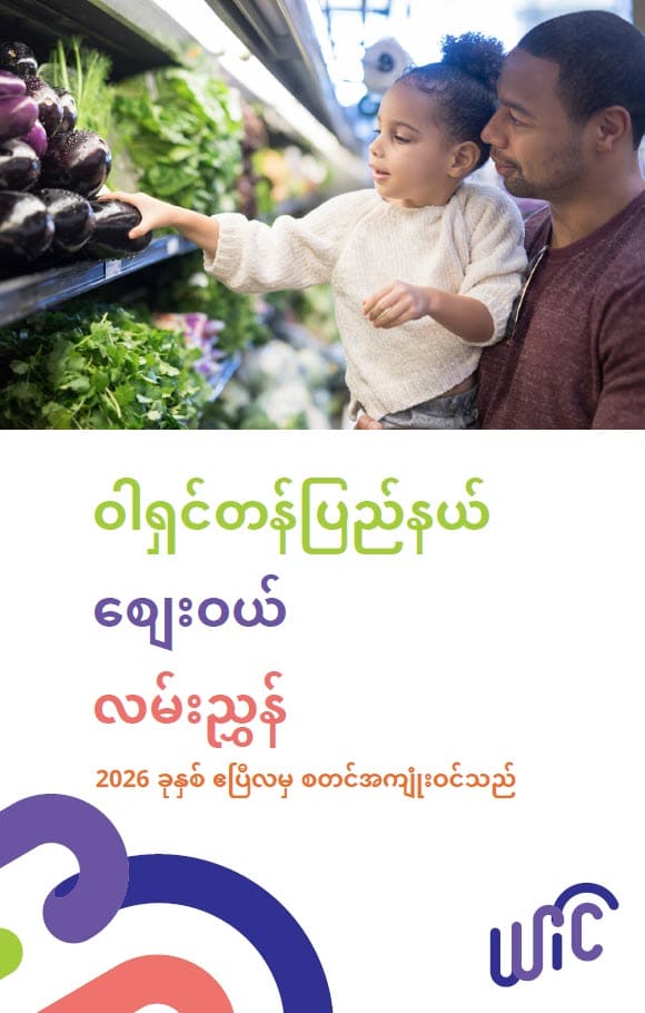 An adult and child shopping for fresh produce, with Washington WIC Shopping Guide text below the photo in Burmese