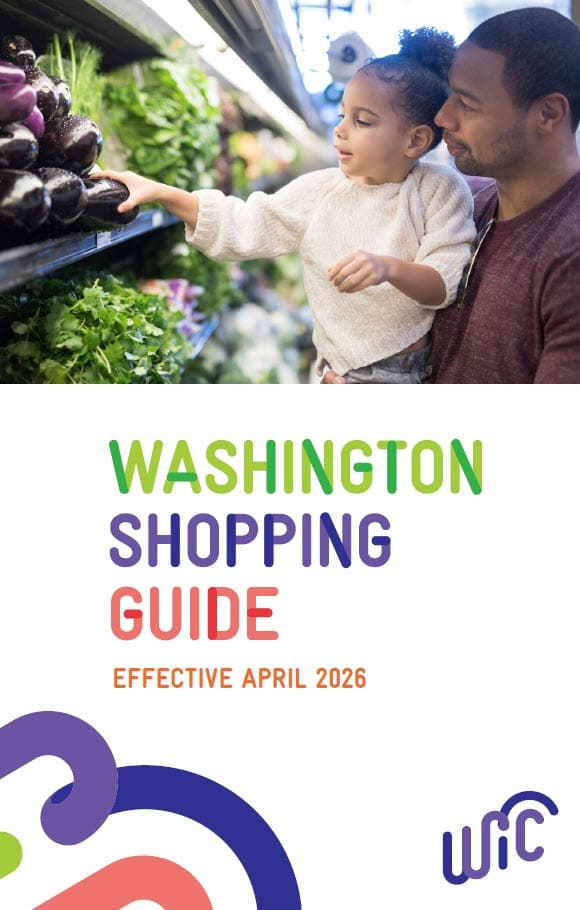 An adult and child shopping for fresh produce, with Washington WIC Shopping Guide text below the photo.