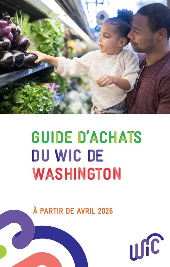 An adult and child shopping for fresh produce, with Washington WIC Shopping Guide text below the photo in French