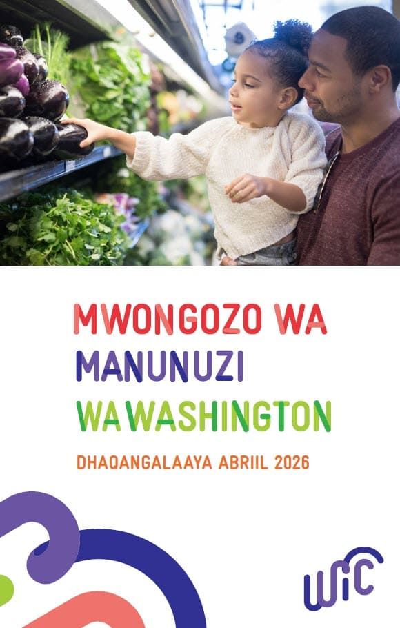 An adult and child shopping for fresh produce, with Washington WIC Shopping Guide text below the photo in Somali