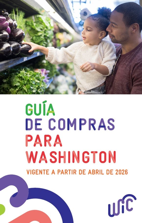 An adult and child shopping for fresh produce, with Washington WIC Shopping Guide text below the photo in Spanish