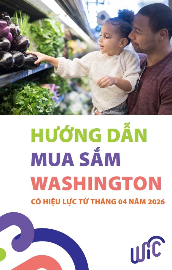 An adult and child shopping for fresh produce, with Washington WIC Shopping Guide text below the photo in Vietnamese