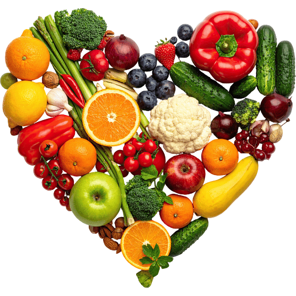 Fruits and vegetables in the shape of a heart