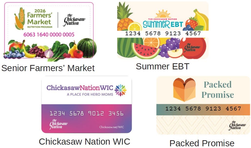 Four Chickasaw Nation benefit cards for different nutrition programs, each with distinct colors and designs.