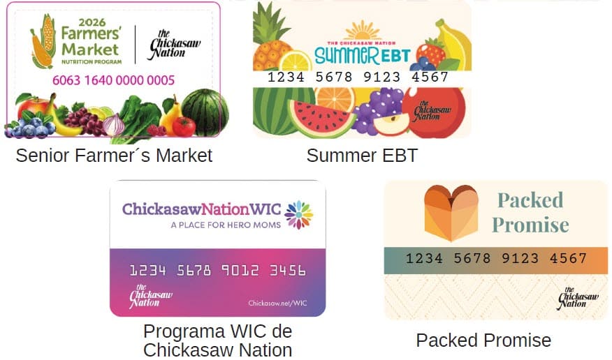 Four Chickasaw Nation benefit cards for different nutrition programs, each with distinct colors and designs.
