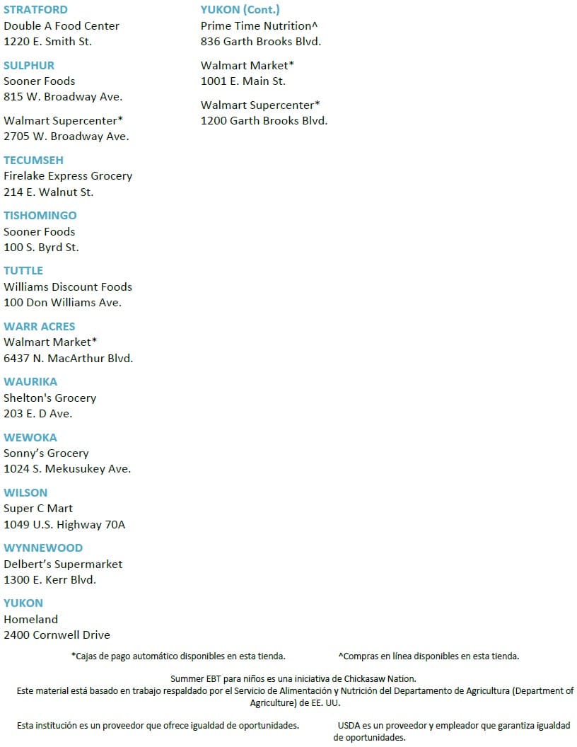 List of Chickasaw Nation EBT Authorized Grocery Stores in Spanish