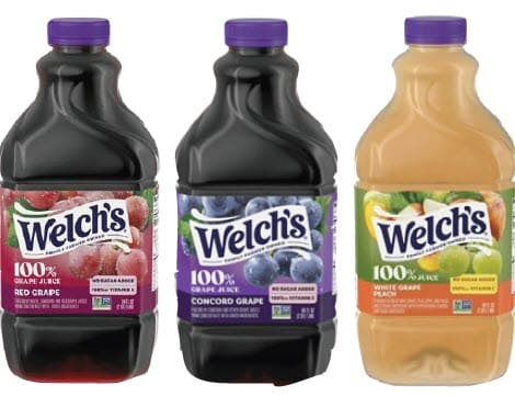 Welch’s brand purple, red, white grape, or grape/peach juice