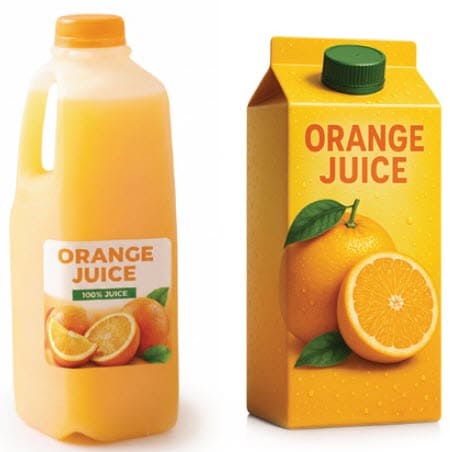 Refrigerated orange juice in a carton and in a jug