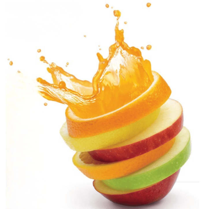 A stack of mixed fruit slices—orange, lemon, apple, and green fruit—arranged in alternating layers with an orange splash bursting from the top against a white background.