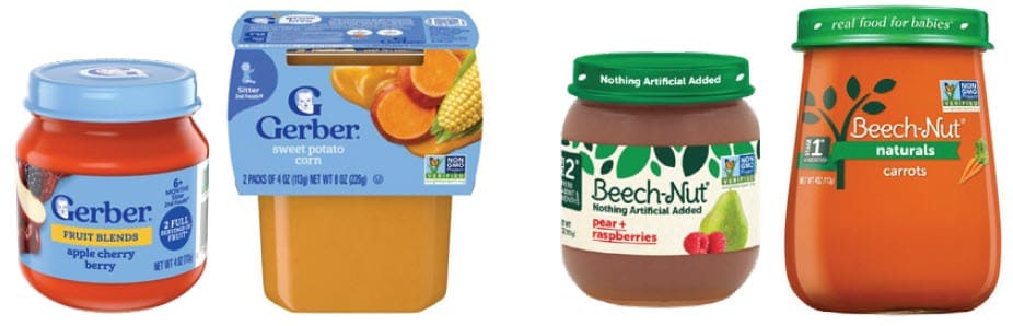Gerber or Beech-Nut brand. Any plain or mixed fruits and vegetables. 2 to 4 oz glass or plastic containers.