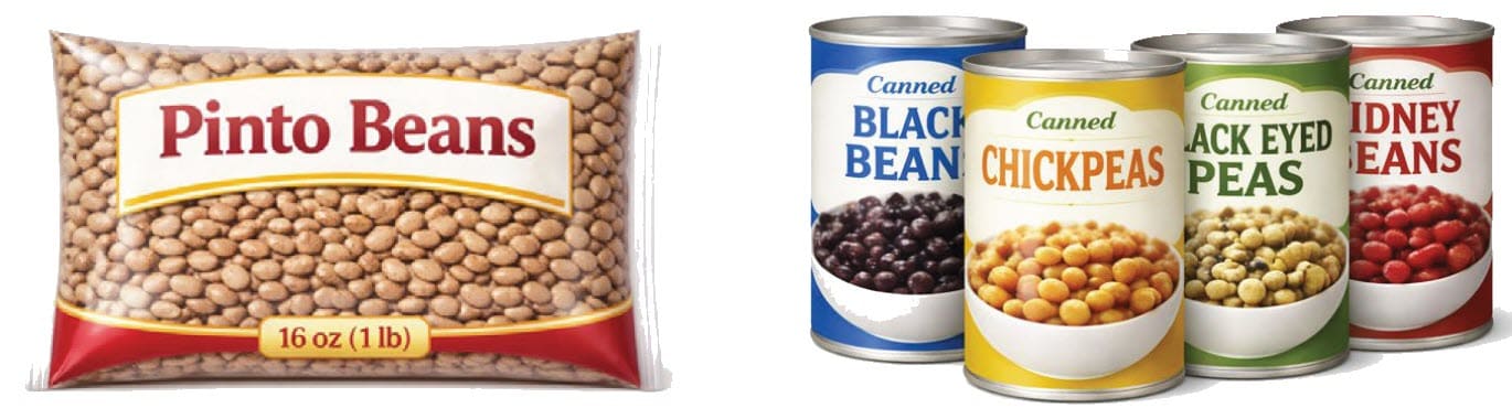 A bag of pinto beans and four cans of various types of beans