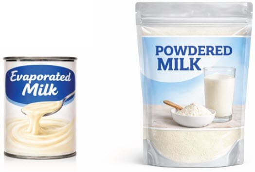 Example of evaporated and powdered milk