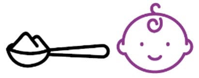 Spoon with powdered baby formula next to a smiling baby icon.