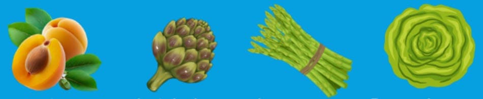 A peach, artichoke, asparagus, and cabbage, which are in season in the spring.