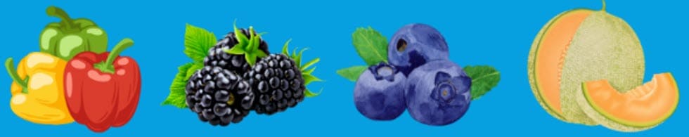 Bell Pepper, Blackberries, Blueberries, Cantaloupe, which are in season in the Summer.