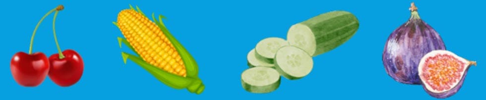 Cherries, Corn, Cucumber, Figs, which are in season in the summer.