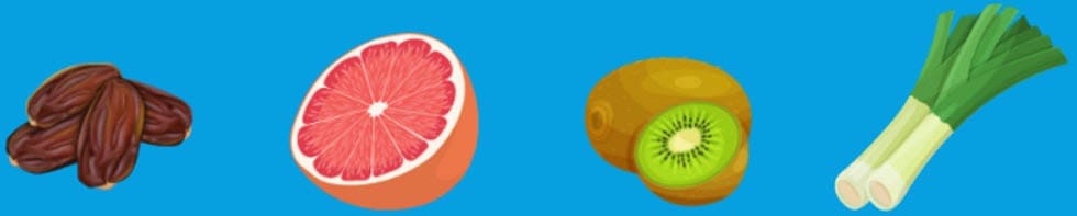 Dates, Grapefruit, Kiwifruit, Leeks, which are in season in the Winter.