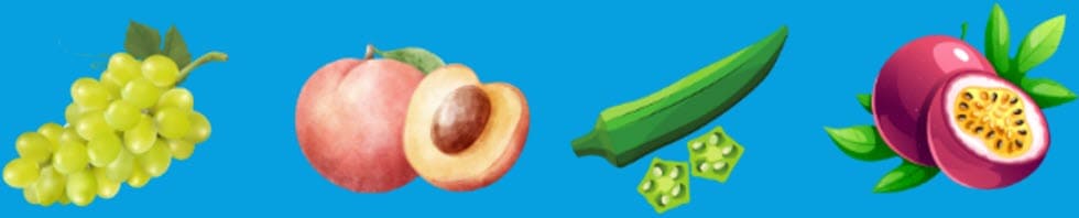 Grapes, Nectarine, Okra, Passion Fruit, which are in season in the summer.