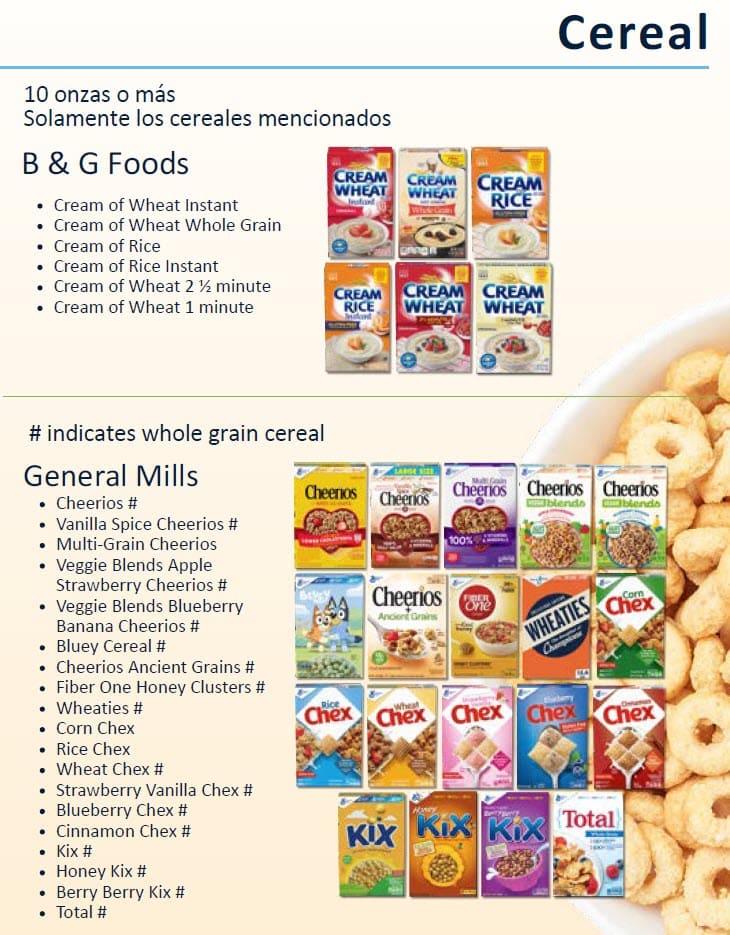 WIC list showing approved cereal, with what is allowed and restrictions in Spanish