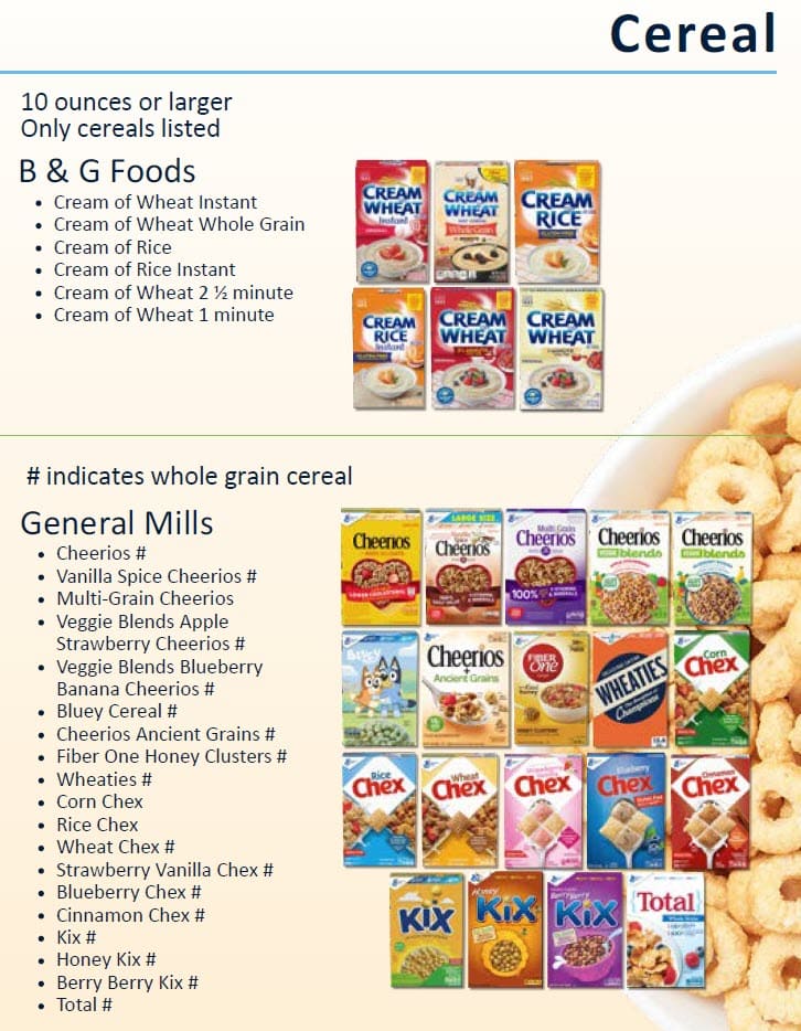 WIC‑approved cereals, 10 oz or larger. Whole‑grain marked with #