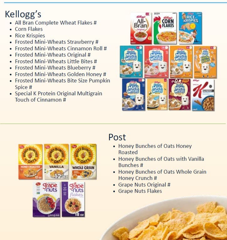 WIC‑approved cereals, 10 oz or larger. Whole‑grain marked with #