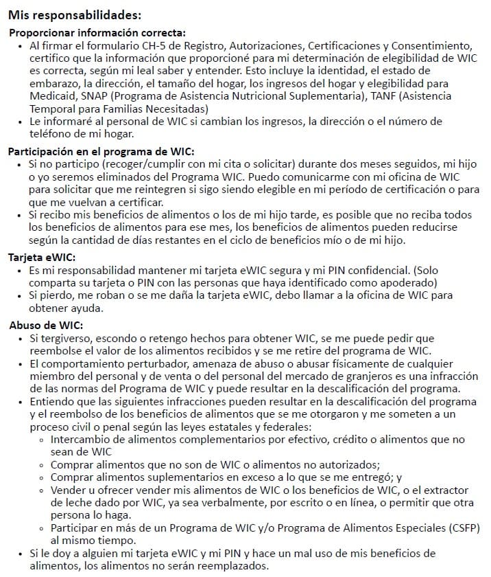 WIC & WIC Farmers Market Program Rights and Responsibilities in Spanish