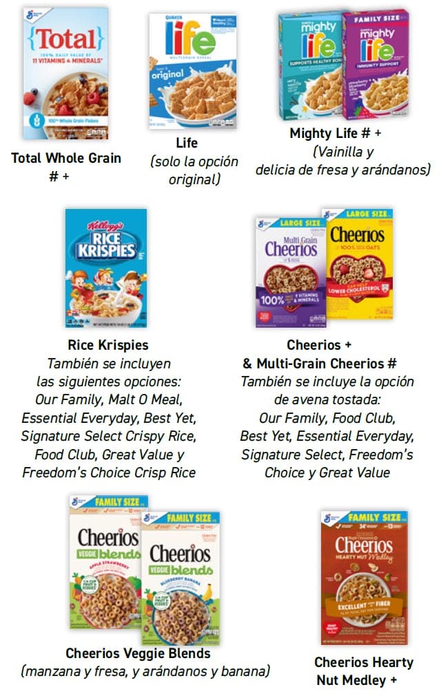 Guide showing WIC‑approved cereal options with product images, allowed varieties, sizes, and exclusions in Spanish