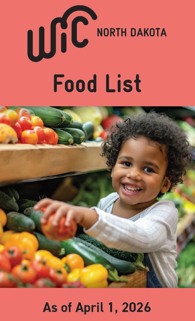 North Dakota WIC Food List cover showing a smiling child reaching for fresh produce.