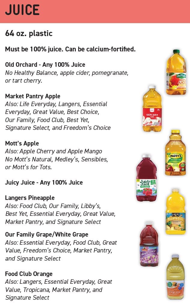 Juice guidelines showing approved types, sizes, and restrictions.