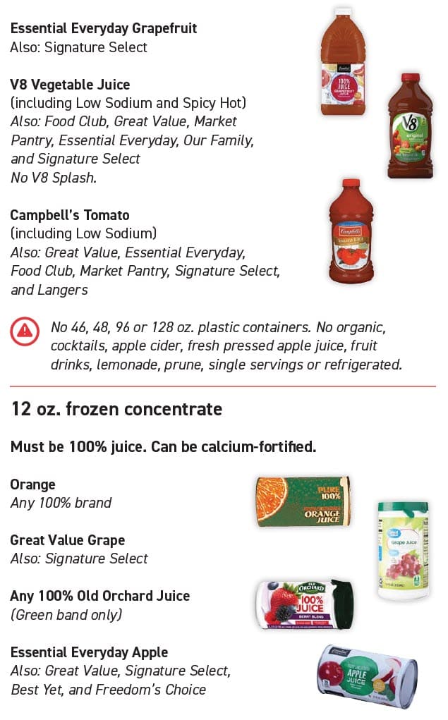 Juice guidelines showing approved types, sizes, and restrictions.