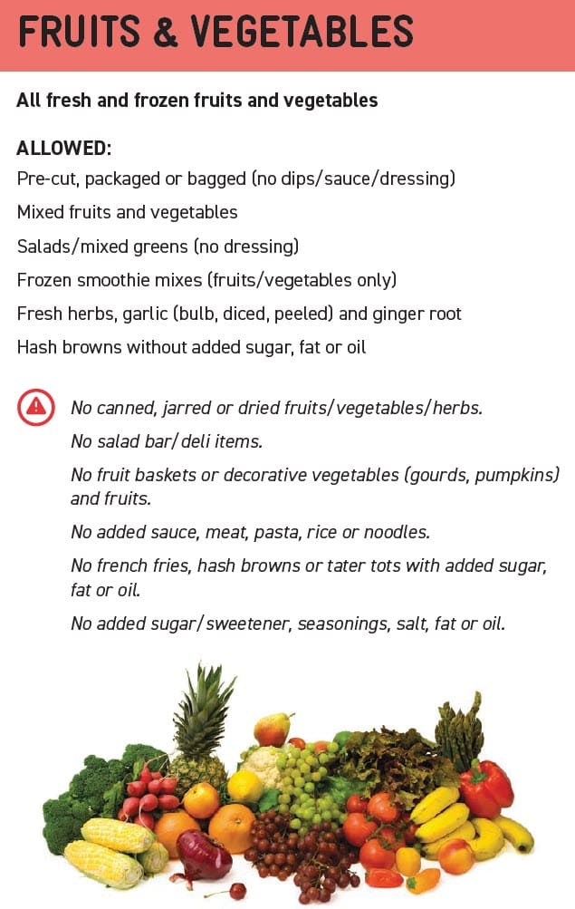 Fruit and vegetable guidelines showing approved types, sizes, and restrictions.