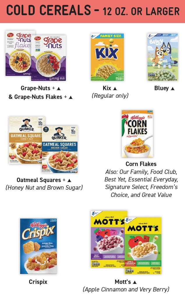 Cereal guidelines showing approved types, sizes, and restrictions.