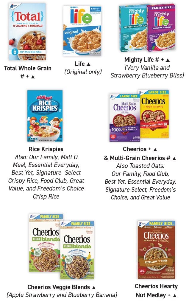 Cereal guidelines showing approved types, sizes, and restrictions.