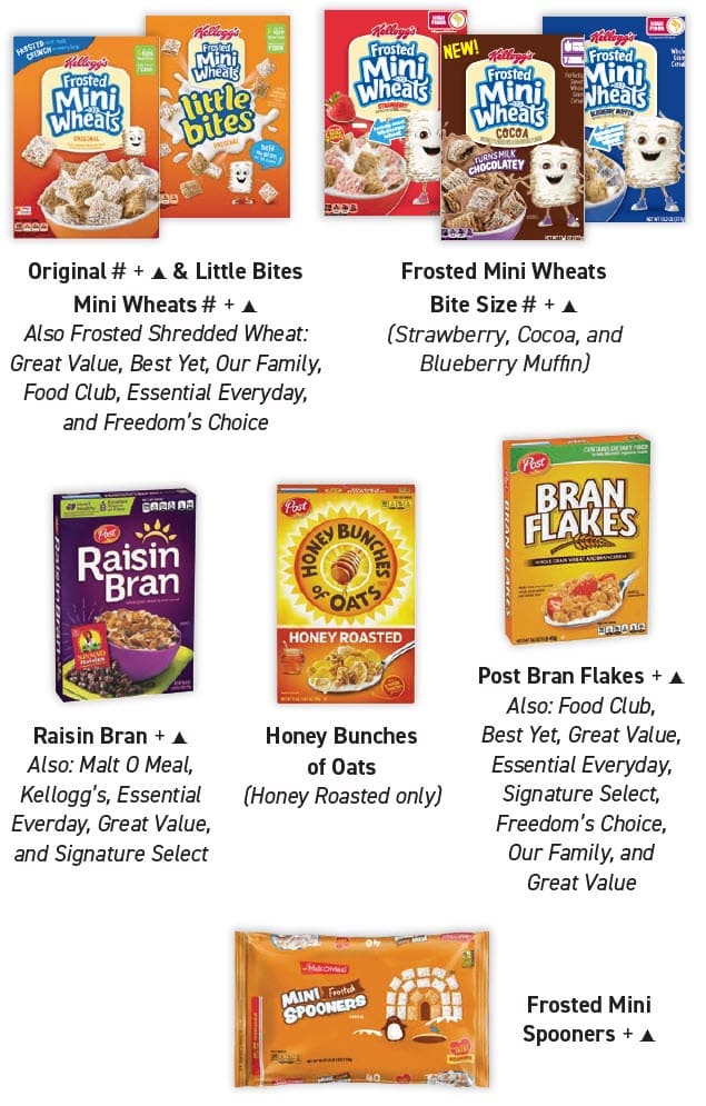 Cereal guidelines showing approved types, sizes, and restrictions.