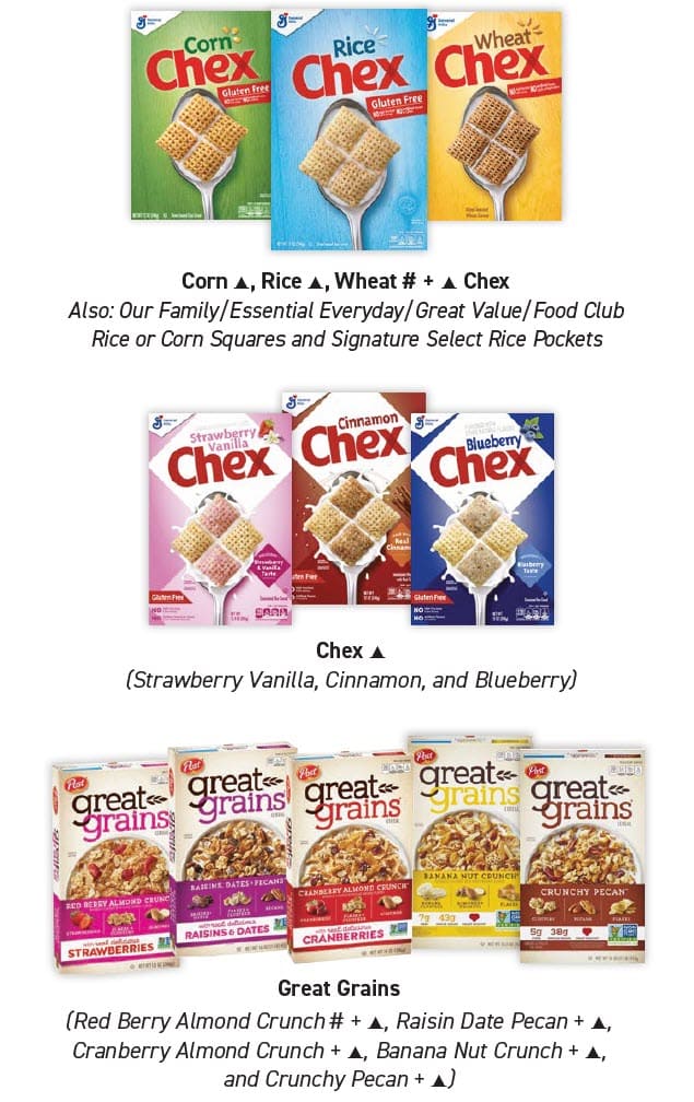Cereal guidelines showing approved types, sizes, and restrictions.