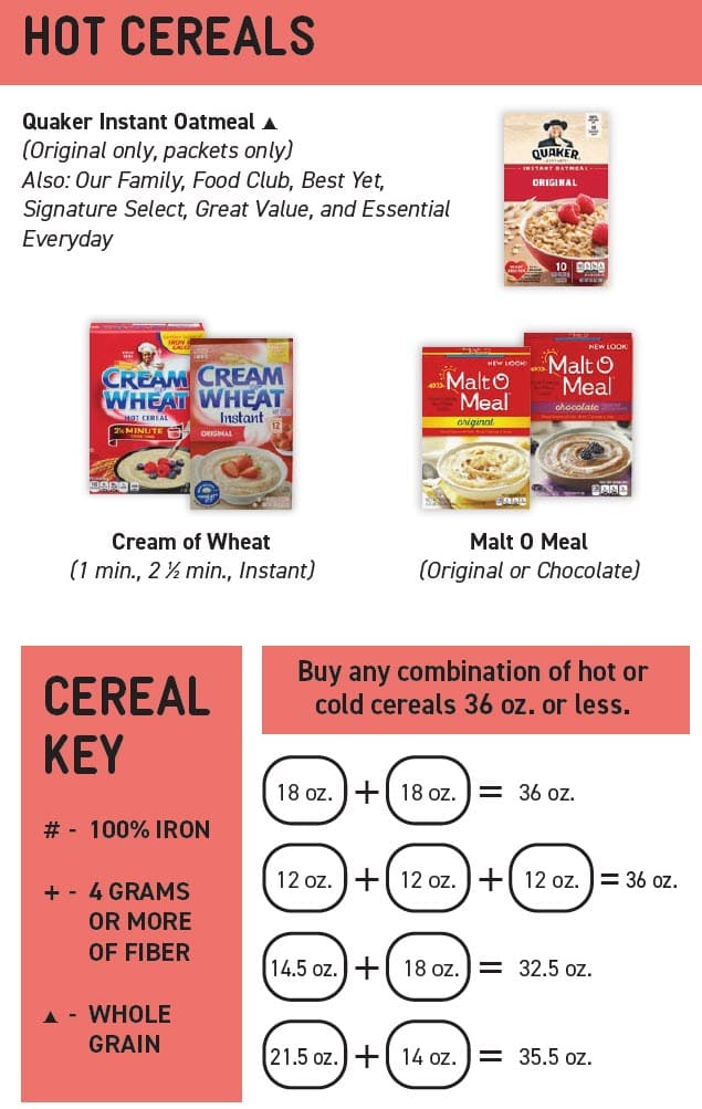 Cereal guidelines showing approved types, sizes, and restrictions.
